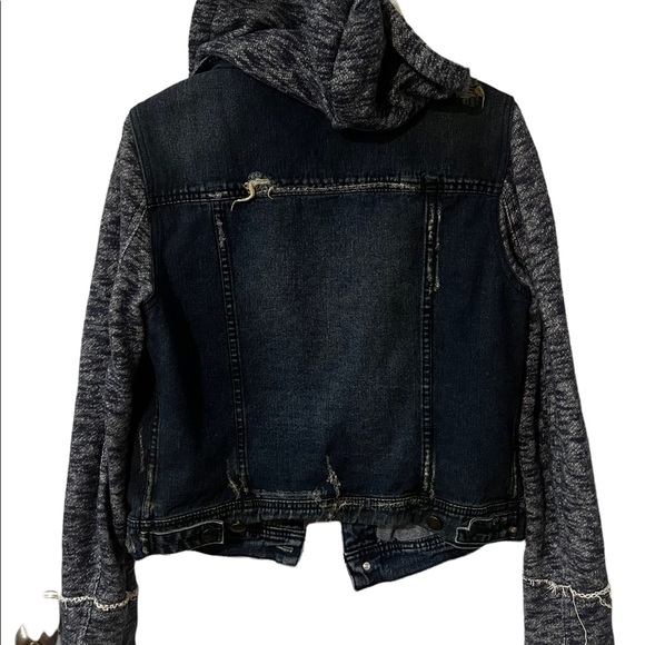 Free People Denim and Knit Distressed Hoodie Trucker Jacket M - Picture 7 of 10